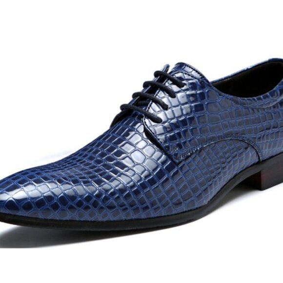 Santimon Men's US 8, 10 Blue Alligator Pattern Pointed Toe Lace Up Derby Shoes - Picture 9 of 11